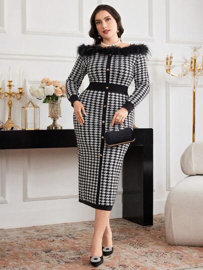 Modelyn 大码毛衣裙，露肩，简约时尚，休闲日常穿着