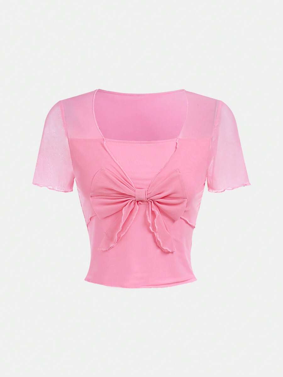 SHEIN Teen Girl Mesh 2 In 1 Pink Bow Decor Short Sleeve T-Shirt For Valentine's Day