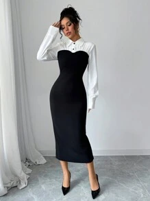 Siren Gaze Women's Elegant And Romantic, 2 In 1 Black And White Color Matching Dress, Long-Sleeved Midi Dress, Perfect For Commuting,Midi Casual Black And White Dress, Simple & Fashionable, Fitted For Everyday Wear, Winter Party