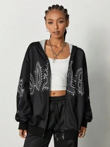 Coolane Women's Streetwear Fashionable Letter Print Black Hoodie Sweatshirt
