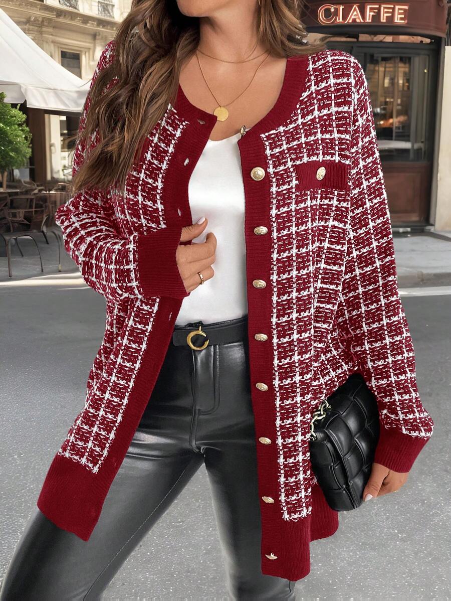 SHEIN Clasi 大码女式格子长袖单排扣长款休闲开衫，秋冬 - 酒紅色 - 查看 1