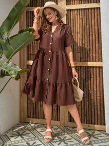 EMERY ROSE Plus Size Women Solid Color V-Neck Short Sleeve Single-Breasted Ruffle Hem Casual Dress,Vacation Outfits Woman,Boho For Women,Summer Outfits For Women/Summer