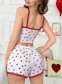 2 件套女士撞色蕾丝心形印花吊带背心和短裤睡衣套装 - 白色 - 查看 4