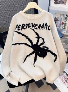 SHEIN Suéter de punto con estampado de araña de moda callejera casual, cómodo y versátil de cuello redondo y suelto para adolescentes varones. Apto para homecoming, renacimiento, atuendos de otoño, ropa de adolescentes varones, chaquetas de otoño, atuendos de otoño para otoño/invierno