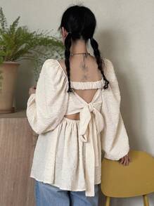 DAZY Damen lockeres rückenfreies Bindeband-Laternenärmel Langarmhemd, Aprikosenfarbe, Frühling/Herbst, Babydoll Top Schule - Aprikosenfarben - Übersicht 1