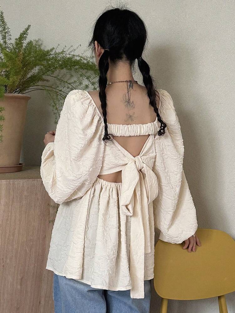 Women's Loose Backless Tie-Up Lantern Sleeve Long Sleeve Shirt, Apricot Color, Spring/Autumn,Babydoll Top