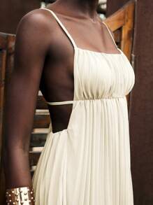 Maija 女士白色装饰百搭现代都市休闲度假沙滩装，宽松设计亚麻色衬衫领褶裥中长连衣裙 - 米色 - 查看 5