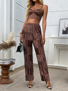 SHEIN Clasi Women's Fashion Textured Elastic Waist Pants For Commuting Fall Cloth For Women - Coffee Brown - View 5