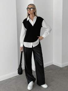 SHEIN Essnce Blusa 2 en 1 con mangas linterna de hombros caídos, blusas de manga larga - Blanco y Negro - Ver 1