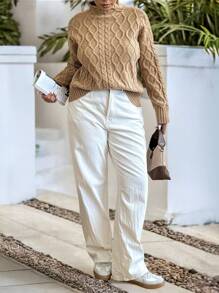 Calvaya Plus Size Women's Solid Color Mock Neck Drop Shoulder Long Sleeve Pullover Sweater, Autumn/Winter Knit Pullover Fall - Camel - View 6
