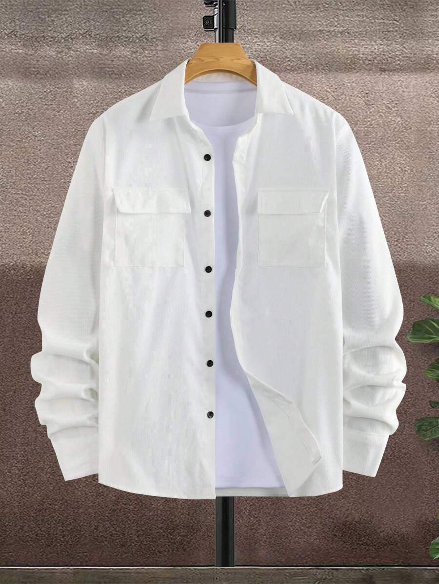Manfinity Homme 男士休闲纯色长袖衬衫，秋冬季 - 白色 - 查看 1