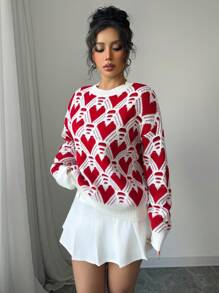 Elenzga Heart Jacquard Pattern Loose Fit Crew Neck Sweater For Women