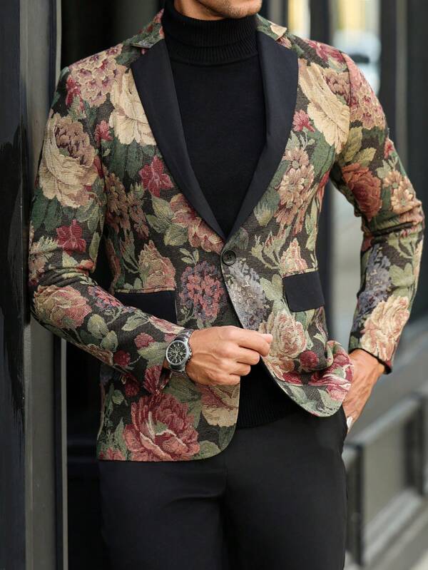 Manfinity Homme Men's Floral All-Over Print Casual Suit Jacket, Minimalist & Fashionable For Daily Life,Men's Casual Holiday Fashion Artistic Impressionist Thick Textured Embossed Multicolor Blue Camouflage Floral Suit Jacket,Gorgeous Party Style, Gift For Boyfriend