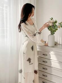 DAZY 传统中式优雅V领长款连衣裙，水墨印花，女士长款连衣裙 - 米色 - 查看 4