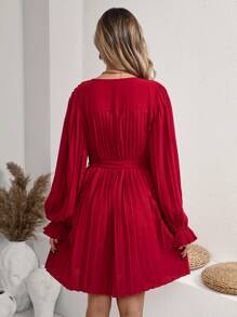 SHEIN VCAY Valentine's Day Out Date Holiday V-Neck Hem A-Line Casual Holiday Elegant Ladies Long Sleeve Dress, Back-To-School Fall/Winter Dress, Back-To-School Everyday Dress, Commute, Minimalist, Office, Old Money, Simple, Teacher Dress, Christmas Dress, Christmas Party Atmosphere Red Dress, Valentine's Day Red Dress, New Year Party Dress, Red Romantic Dress, This Is A Very Elegant And Stylish Dress For Women