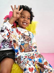 男童圆领长袖印花休闲装 - 上衣和裤子套装