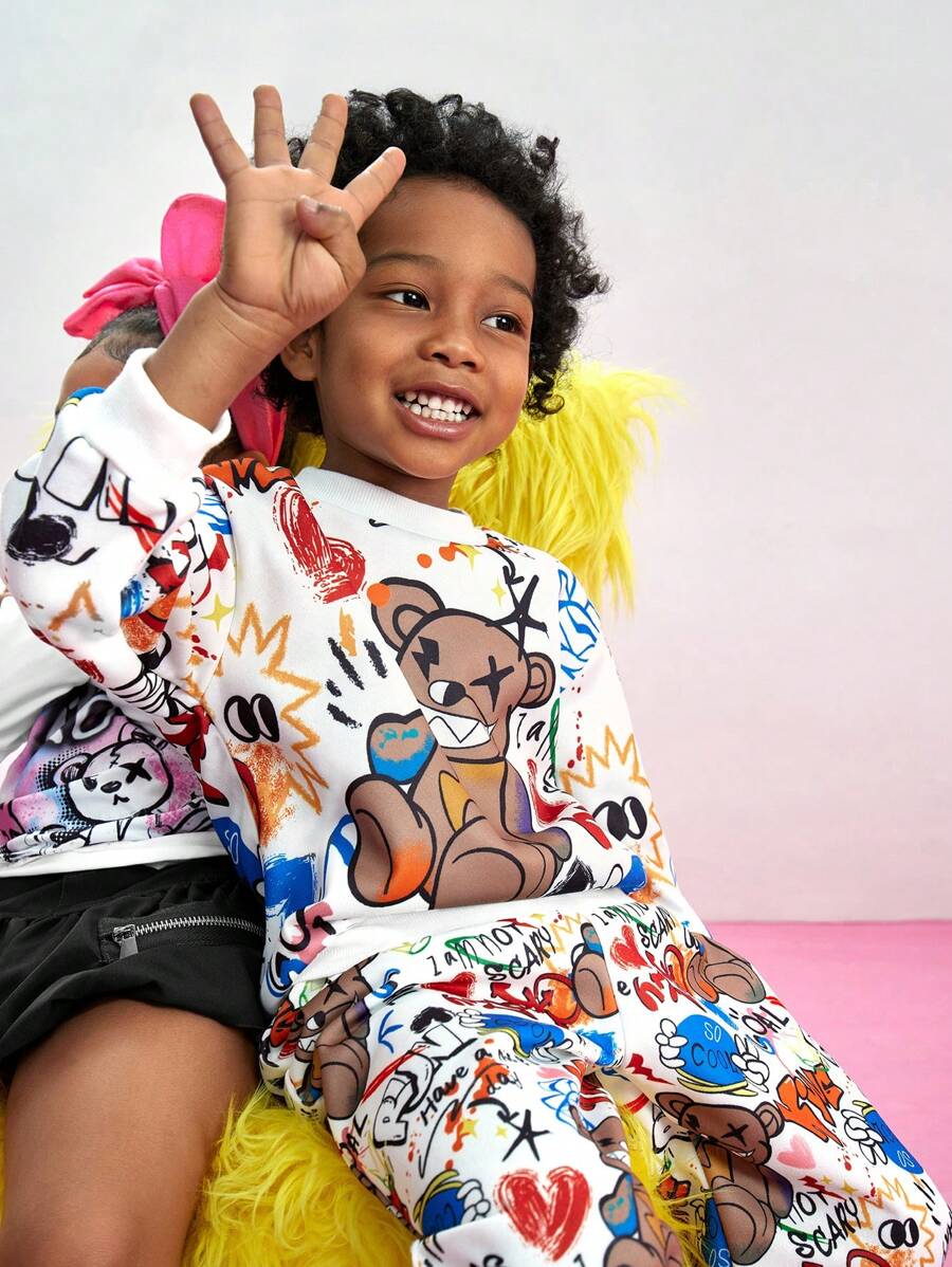 男童圆领长袖印花休闲装 - 上衣和裤子套装