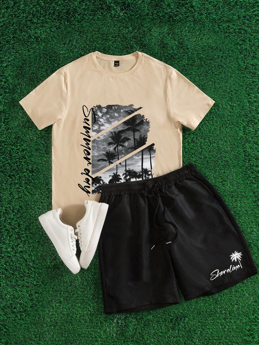 Manfinity Homme 男士字母和棕榈树印花圆领短袖休闲 T 恤和抽绳腰短裤套装