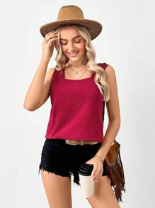 EMERY ROSE Linen Solid Color Square Neck Sleeveless Shirt, Vacation Casual - Burgundy - View 3