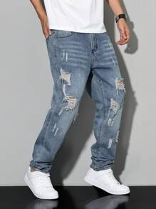 Manfinity Homme Men's Simple Ripped Pocket Denim Jeans, Casual For Daily Wear - Blue - View 6