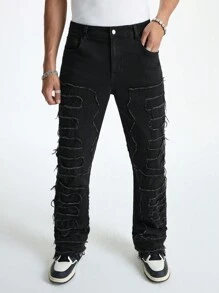 Manfinity EMRG Quần ống loe denim đen rách vát cho nam - màu đen - Xem 7
