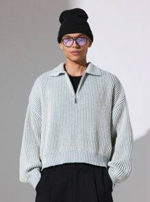 SUMWON Designer Ribbed Knit Quarter Zip Pullover Sweater Chunky Knit Polo Winter Autumn Heavyweight Cozy Textured Classic Preppy Casual Streetwear - Blue - View 2