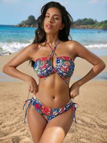 SHEIN Swim 女士夏季沙滩泳装花卉拼布印花前系带比基尼套装 - 彩色 - 查看 3