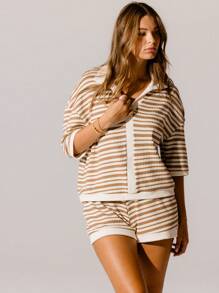 Aralina Casual Striped Knit Collared Lounge Set - Brown - View 9