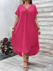 EMERY ROSE Vestido casual de manga corta con escote en V, manga de murciélago y bajo asimétrico para mujer talla grande