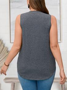 EMERY ROSE Plus Size Women's V-Neck Sleeveless Curved Hem Floral Offset Casual Top, Spring Outfits For Women Summer Outfits For Women,Flower/Vacation - Grey - View 2