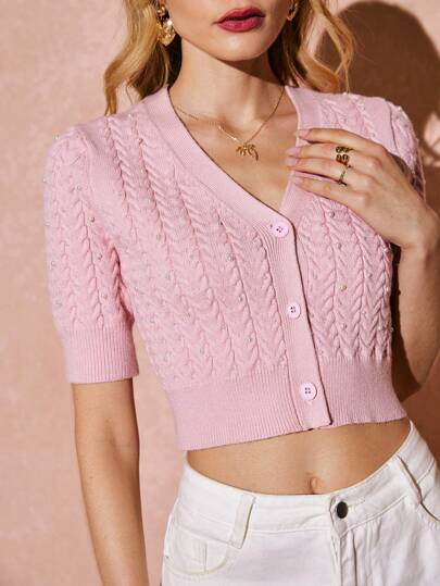 Poéselle 粉色上衣，情人节毛衣，可爱上衣，粉色毛衣开衫，短袖开衫，女式上衣，仿珍珠饰边，情人节毛衣，女式V领短袖单扣前休闲开衫