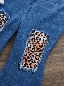 SHEIN Tween Girls' Loose Fit Casual Minimalist Comfy Round Neck Leopard & Letter Print Hoodie And Flared Pants 2 Pieces Set - Blue - View 12