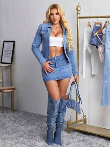 SHEIN SXY 女士秋季单排扣腰带休闲牛仔夹克 - 淺色水洗藍 - 查看 6