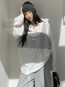 DAZY Women Casual Round Neck Loose 2 In 1 Long Sleeve T-Shirt