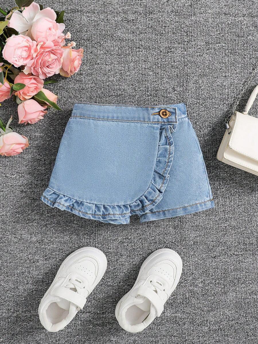 SHEIN Baby Girl's Spring Summer Boho Cute Ruffle Trim Wrap Elastic Waist Comfortable Soft Denim Skorts Jeans Shorts - Light Wash - View 1