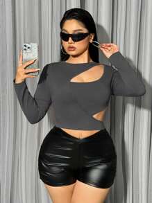 SHEIN ICON Áo thun cắt cúp cỡ lớn cho nữ - Màu xám đen - Xem 6