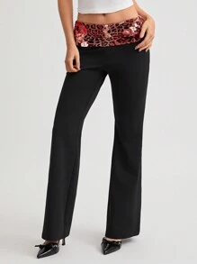 SHEIN Unity 1pc Women's Sexy Party Fashion Low Waist Leopard Print Ruched Contrast Color Flare Pants, Black, Autumn/Winter