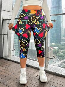 SHEIN EZwear Plus Size Summer Heart All-Over Print Simple High-Waisted Casual Leggings, For Everyday Wear - Black - View 4