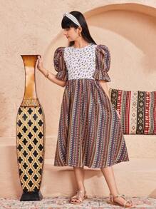 SHEIN Tween Mädchen Casual Vacation Gestreiftes & Blumen Patchwork Puffärmel Stufen Midikleid