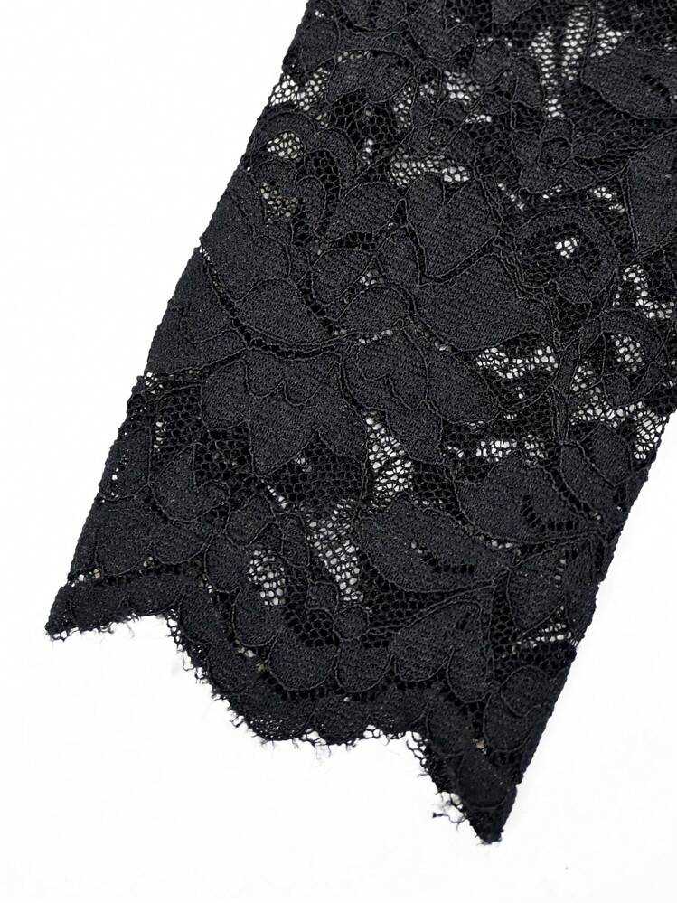 INAWLY Chemisier élégant et à la mode à manches longues et coupe slim avec motif floral en dentelle pour femmes - Noir - Voir 3