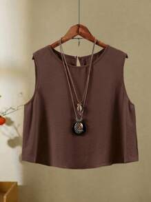 Women Plus Size Sleeveless Solid Color Vest And Pants 2 Pieces Set, Textured - Chocolate Brown - View 6