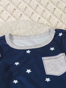 SHEIN 3 Stück/Set Baby Jungen Sterne Muster figurbetonter Langarm-Oberteil und Hose Pyjama/Freizeitbekleidung Set, Navy Blau, Weiß & Grau - Verschiedenfarbig - Übersicht 4