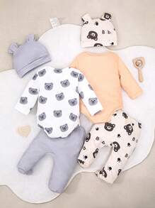 SHEIN Newborn Simple Fashion Cute Gray Bear Head Print Design Long Sleeve Romper With Long Pants And Hat, 3pcs Set Home Outfit - Multicolor - View 2