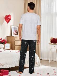 CoupledUp 2pcs/Set Men Heart & Letter Print Space Pajamas Set