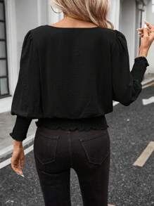 SHEIN LUNE 1pc Women Casual Solid Color Front Pocket 3/4 Sleeve Blouse, Basic Autumn/Winter Daily