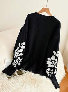 SHEIN Essnce Damen Oversized Pullover mit Blumen Muster, schwarze Woll-Oberteil, Langarm Pullover, Winterkleid gestrickter Damen Pullover, süßer Pullover Thanksgiving Pullover Große Größen Pullover