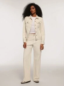 Forever 21 Fall&Winter Beige/Loose/Simple/Basic/Nashville/Halloween/Long Sleeve Christmas Homecoming Western Concert Thanksgiving Button Up Women Denim Jacket - Khaki - View 3