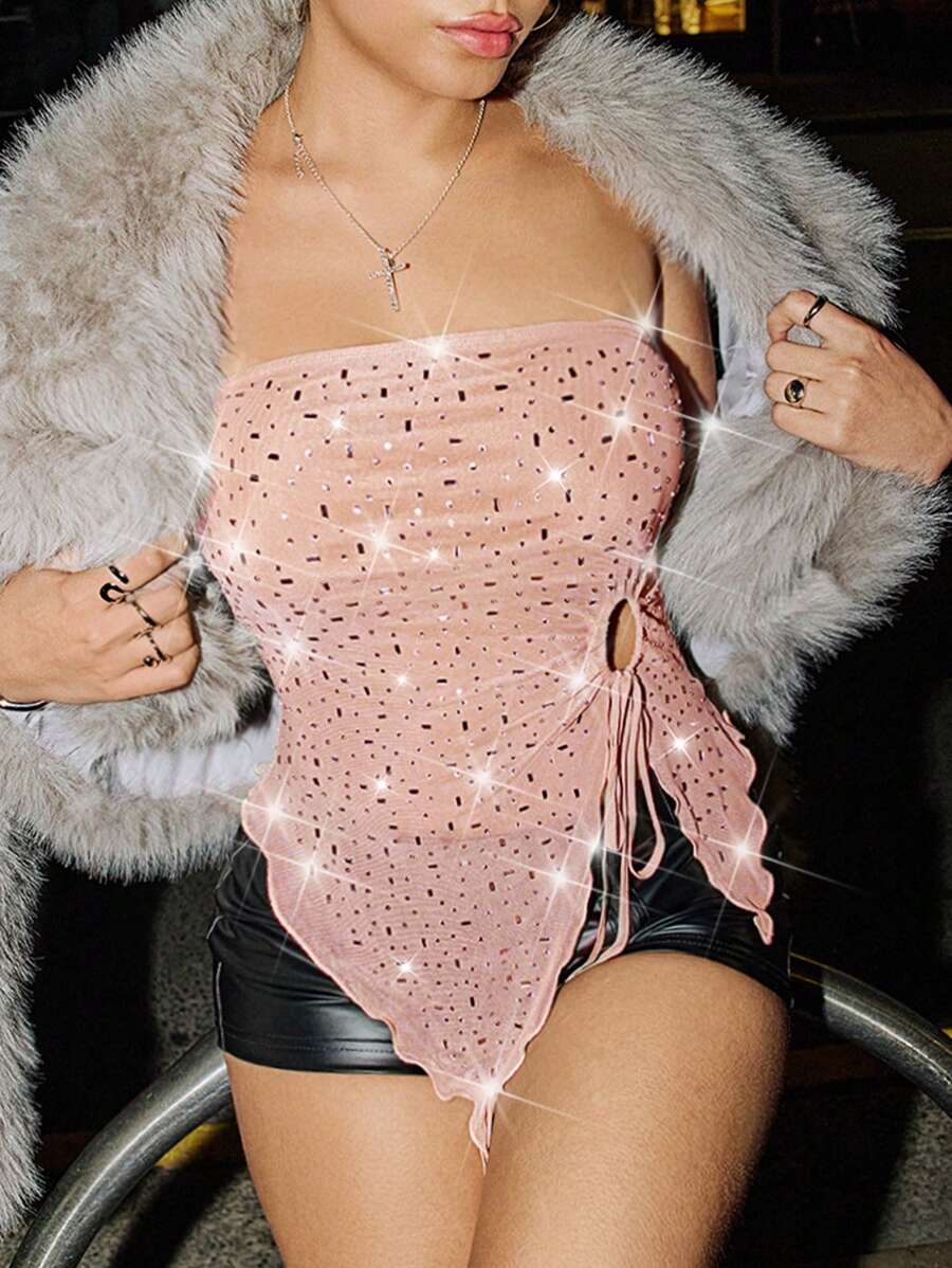 SHEIN ICON Asymmetric Hem Luxurious Full Rhinestone Mesh Wrap Crop Top For Women