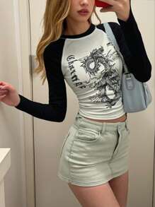 SHEIN Teen Girls Casual Chinese Dragon Print, Contrast Color, Round Neck Raglan Sleeve Short Sleeve Fitted T-Shirt, Suitable For Summer, Spring, Autumn, Winter - Contrast Color Patchwork, Knitted Raglan Sleeve, Ribbed Cuffs & Waist, Cropped Length