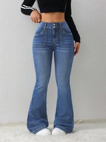 SHEIN Tall Damen Jeans Lässig Skinny Stretch Schlaghose - Mittele Waschung - Übersicht 5